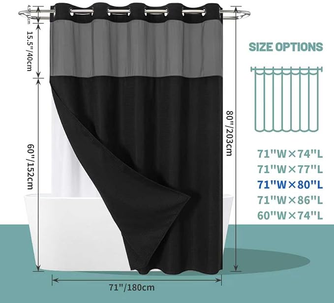 eachope Black Long No Hook Waffle Weave Shower Curtain with snap-in Liner Replacement, 230GSM Waterproof Fabric Hotel Shower Curtain Set for Bathroom, Through Mesh Top Window,71Wx80H