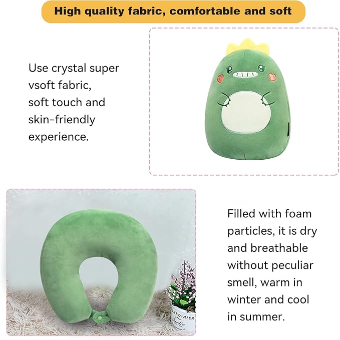 stocaggio Kids Travel Pillow - 2-in-1 Deformable Kids Neck Pillow for Traveling, Soft U-Shaped Pillow with Adorable Animal Design, Comfy Sleep and Play, Ideal for Airplanes Travel - Dinosaur