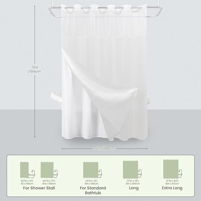 Inhousolu No Hook Shower Curtain with Snap in Fabric Liner Set Waffle Weave 230GSM Weighted Hem, Waterproof & Washable Bathroom Curtain Spa Luxury with Mesh Top Window 72" W x 72" L White