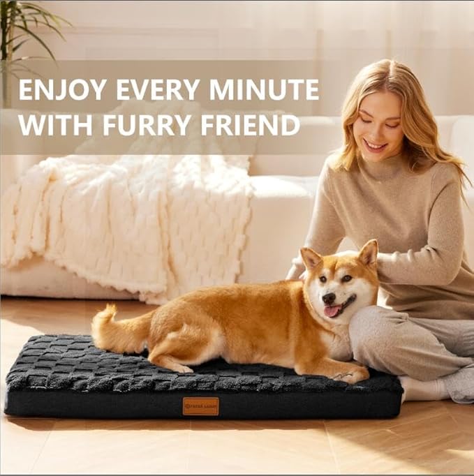 Patas Lague Orthopedic XL Dog Bed Large Sized Dog 48''X30'', Waterproof Soft Comfortable Egg Crate Foam Large Pet Beds Crate Mat with Removable Washable Cover and Nonskid Bottom, Black
