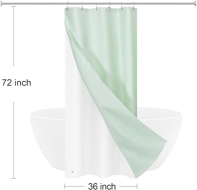 Craidlela 3 in 1 Stall Half Size Mint Green Shower Curtain Set-36 W x 72 H, Modern Waffle Waterproof Fabric and PEVA Liner Set with Stainless Steel Hooks