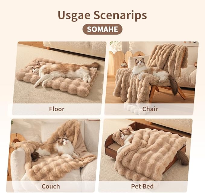 SOMAHE Self-Warming Cat Blanket for Indoor Cats & Small Dogs, Dual-Side Sherpa Plush Throw, Anti-Static Shared Couch Mat for Crate & Travel, Machine Washable No Shrink, 28x22 Inch Coffee