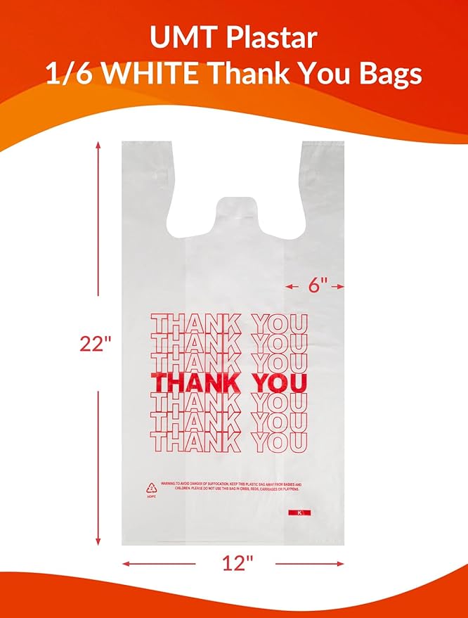UMT Plastar 1000 Count Thank You Plastic Bags with Handles, 12" x 6" x 22", 14 Mic White Grocery Bags - Ideal for Grocery Stores, Retail, Restaurants, and Takeout