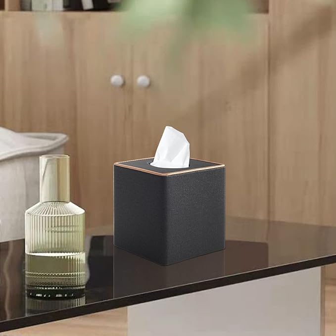 RHCSZ Linen Square Tissue Box Cover,Cube Tissue Box Holder－Excellent Rosegold Leather Decoration,Table Napkin Case Dispenser,Facial Tissues Organizer with Magnetic Bottom for Home Office Car(Black)