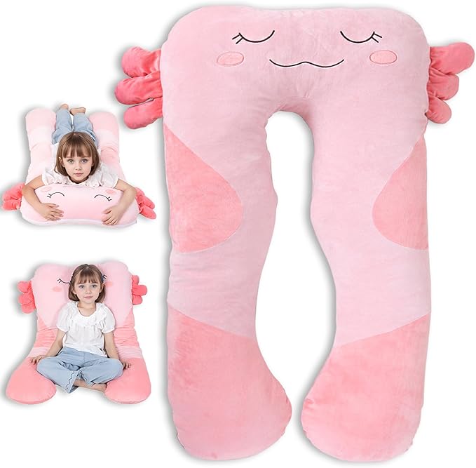 MLdian 47x23 inch U Shaped Long Plush Body Pillows for Kids, Stuffed Animal Axolotl Soft Large Pillow for Sleeping, Big Cute Plushies, Washable Cover, Gift for Boys and Girls