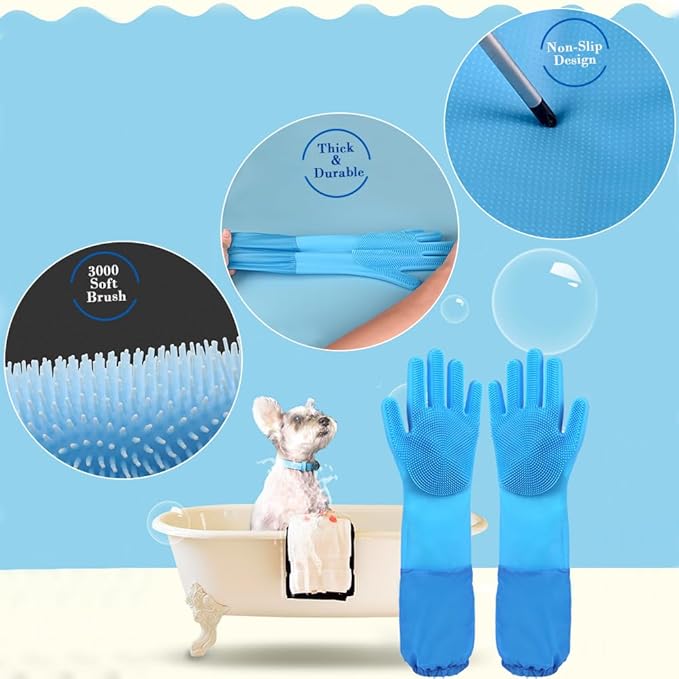 1TO3GO Pet Grooming Gloves Pet Hair Remover Cat, Dog Washing Gloves Silicone Heat Resistant Cleaning Gloves with High-Density Teeth Grooming Gloves for Dogs, Cats, Horses, Rabbits (2 Pairs - Blue)