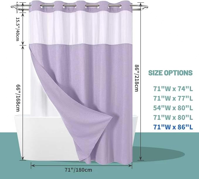 eachope Lavender Extra Long No Hook Waffle Weave Shower Curtain with snap-in Liner Replacement, 230GSM Waterproof Fabric Hotel Shower Curtain Set for Bathroom, Through Mesh Top Window,71Wx86H