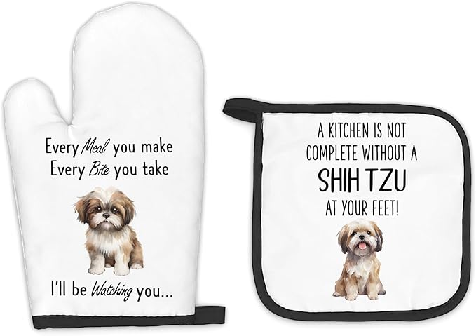 Shih Tzu Gifts Dog Oven Mitts and Pot Holders Sets, Shih Tzu Gifts for Women, Dog Kitchen Accessories Sets, Complete Without a Shih Tzu Dog Heat Resistant Oven Glove Potholders for Kitchen