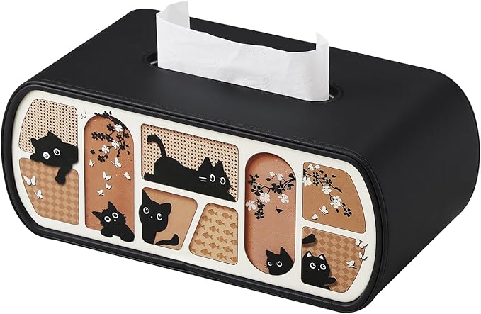 MEIBOOCH Cat-Themed Tissue Box Cover Rectangle, Stylish Tissue Holder for up to 4 Inches High Boxes, Curved Edge Tissue Box Holder (Black)