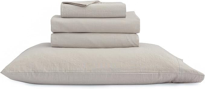 BESTOUCH Sheet Set 100% Washed Cotton Linen Feel Super Soft Comfortable Chic Lightweight 4 Pcs Home Bedding Set Solid Linen Grey Queen