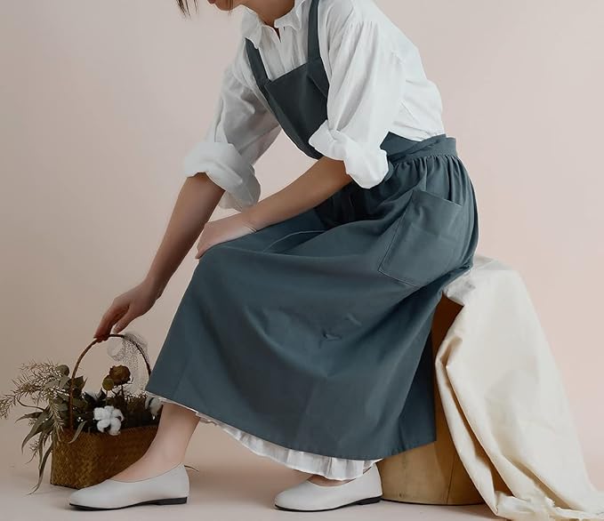 Japanese apron Women-Cross Back Apron for Women with Pockets, Pinafore Aprons, Womens Cotton Linen Apron