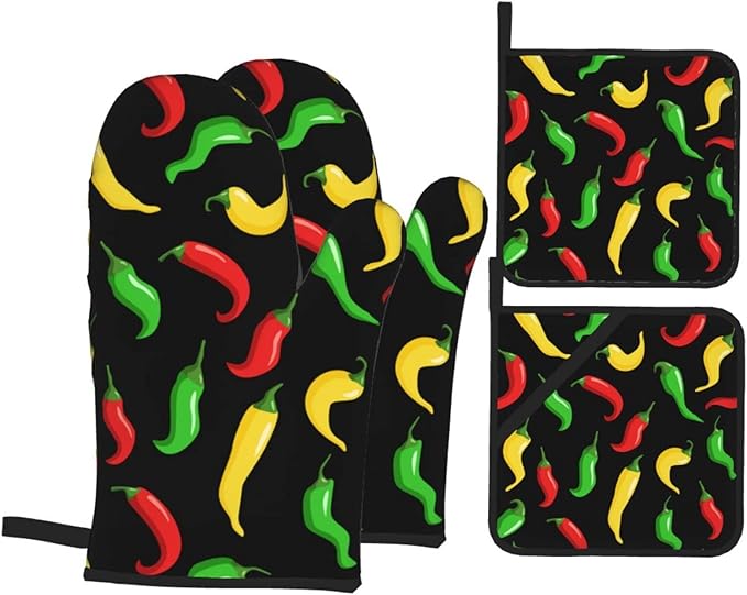 Hot Chili Peppers Oven Mitts and Pot Holders Set of 4, Oven Mittens and Potholders Heat Resistant Gloves for Kitchen Cooking Baking Grilling BBQ