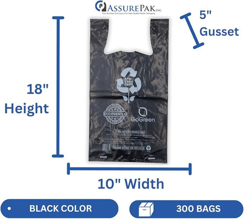 ASSUREPAK Black Reusable/Eco-Friendly LDPE T-Shirt - 1/8 BBL (10"X5"X18") - 300 Bags - 57 Micron (2.25 mil) - Black - BLKLD40REC225REUSE10518