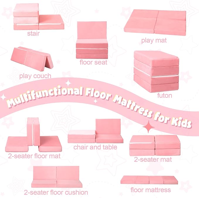 MeMoreCool Foldable Floor Mattress for Kids, Plush Toddler Nap Mat for Sleeping and Daycare, Portable Trifold Futon Mattress Floor Bed, Pink