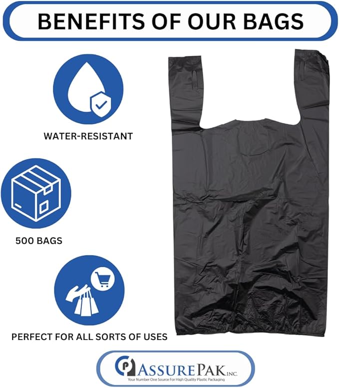 ASSUREPAK Easy Open - Black Unprinted HDPE T-Shirt Bags 11.5"x6"x21" with handles – 500 Units – 17 Microns – Perfect for Grocery Shopping and Store Purchases 20018-EO