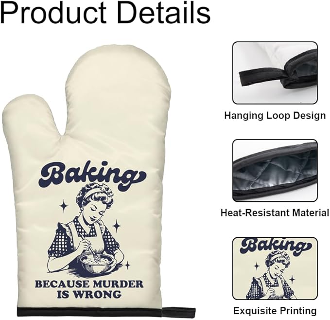 DYJYBMY Baking Because Murder is Wrong Funny Oven Double Mitts (One Pair), Humorous Vintage Lady Kitchen Gadgets for Women, Birthday Gifts for Bake Lover Chef, Hostess Gifts for Mom Wife Sister BFF