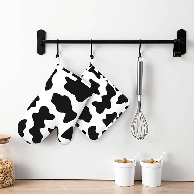 Silicone Oven Mitts and Pot Holders Sets, Home Cow Print Heat Resistant BBQ Gloves for Kitchen Baking Cooking Grilling Microwave