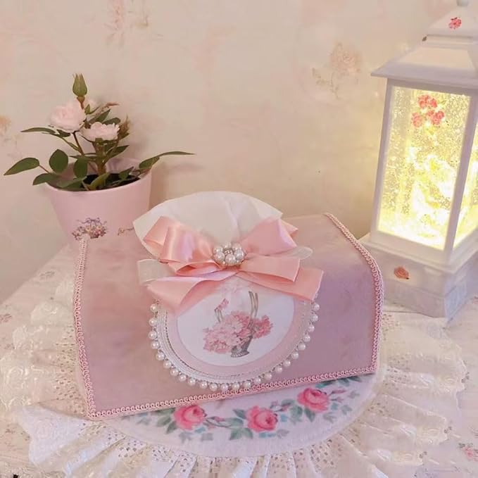 Tissue Cover Holder Fabric Art Cute Tissue Box Cover Dispenser Napkin Organizer for Bathroom Bedroom Office and Car (C-Pink)
