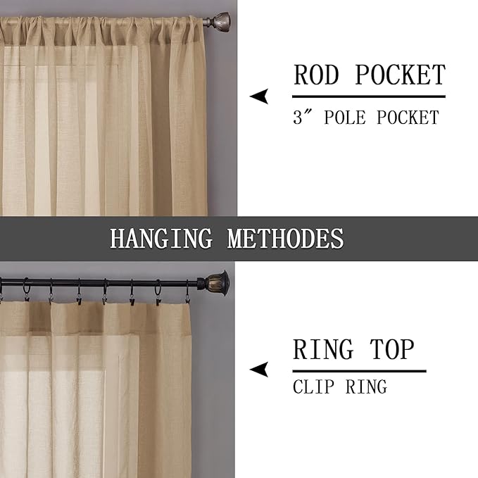 Tollpiz Short Sheer Curtain Linen Textured Living Room Curtains Sheer Light Filtering Rod Pocket Voile Curtain for Bedroom, 42 x 54 inches Long, Beige, Set of 2 Panels