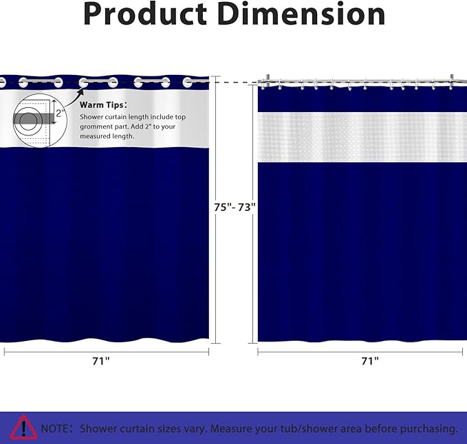 GICDSU No Hook Shower Curtain with Snap in Liner, Waffle Shower Curtain Set for Bathroom, Hotel Style with Semi-Sheer Top Window, Waterproof & Washable, Navy Blue, 71" W x 75" L