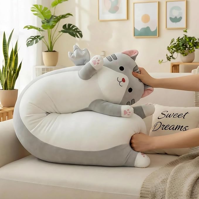 Kekeso Long Cat Plush Pillow, Cute Cat Stuffed Animal Body Pillow with Wings, Soft Kawaii Kitty Hugging Pillow, Christmas Valentine's Birthday Gift for Kids Girls Boys (Gray, 110cm/43.31in)