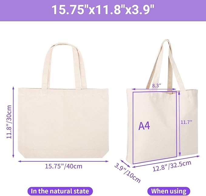Segarty Small Canvas Tote Bag for Women, 3 Pack 15.75x11.8x3.9 Blank Canvas Tote Bags, Reusable Tote Bag with Natural Cotton and Shoulder Strap, Bulk for DIY, Grocery Shopping, Beach, Travel，Gift
