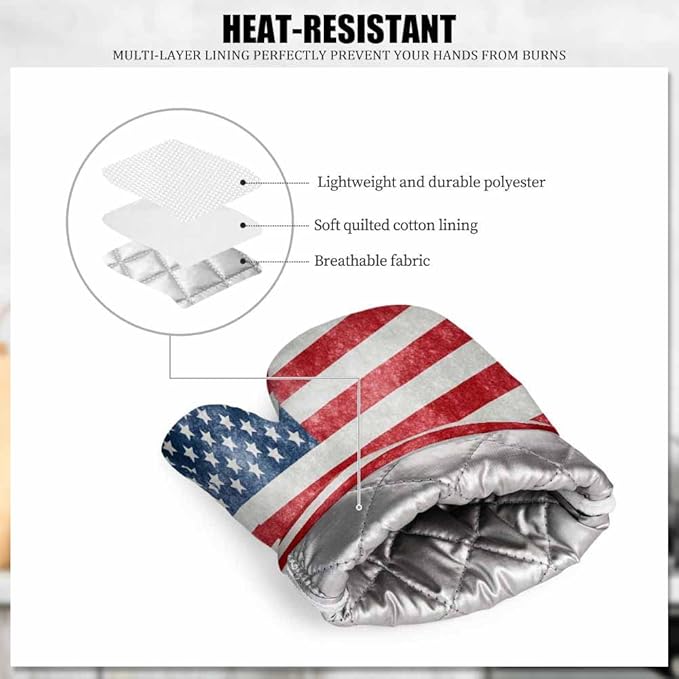 Mxocom Grungy Us Flag Oven Mitts and Pot Holders Sets Vintage American Flag Red Stripes Ancient Country Flag Silicone Heat Resistant Kitchen Oven Gloves Pot Holder for Cooking