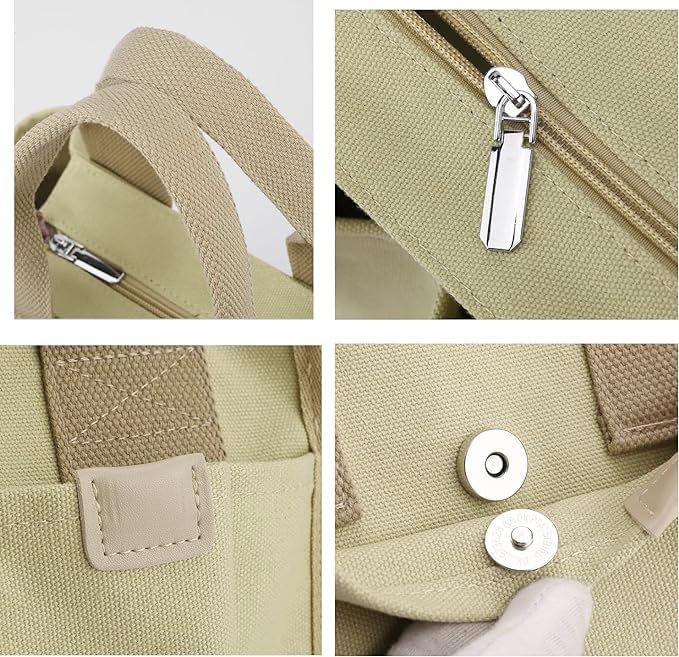 Small Canvas Tote Bag with Zipper, Canvas Multi-Pocket Crossbody Bag Purse Top Handle Satchel Handbags