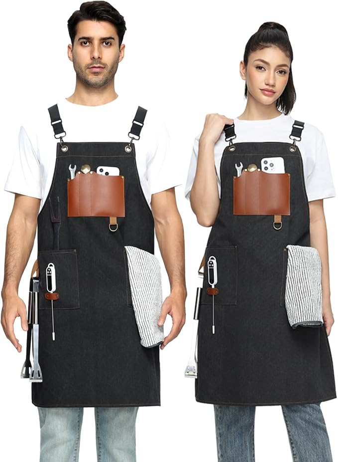Kitchen Apron - 3 Large Pockets, Cross Back Apron With Adjustable Straps, Cooking Kitchen Chef Apron For Women And Men, Wear-Resistant & Easy To Clean.（Black）