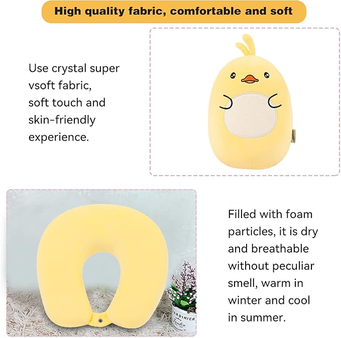 stocaggio Kids Travel Pillow - 2-in-1 Deformable Kids Neck Pillow for Traveling, Soft U-Shaped Pillow with Adorable Animal Design, Comfy Sleep and Play, Ideal for Airplanes and Cars - Yellow Duck