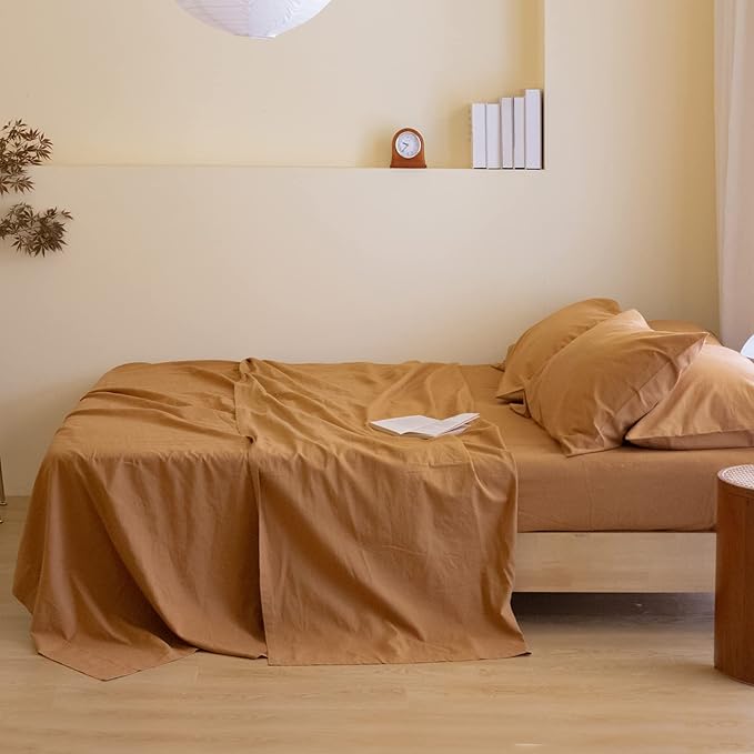 Simple&Opulence Belgian Linen Sheet Set Solid Color - 6 Pieces (1 Flat Sheet & 1 Fitted Sheet & 4 Pillowcases) 16" Deep Pocket Natural Flax Cotton Blended Soft Bedding - Rust, Queen Size