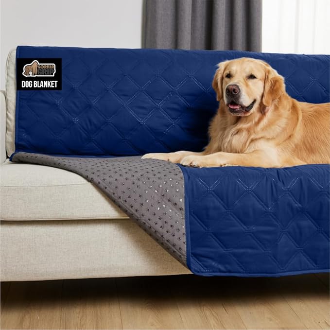 GORILLA GRIP Waterproof Bed Cover for Dogs, 82x52, Gripped Slip Resistant Backing, Leak Proof Washable Dog Blanket Covers Sofa, Couch, Sectional, Crate, Car, RV Seats, Pet Puppy Essentials, Navy Blue