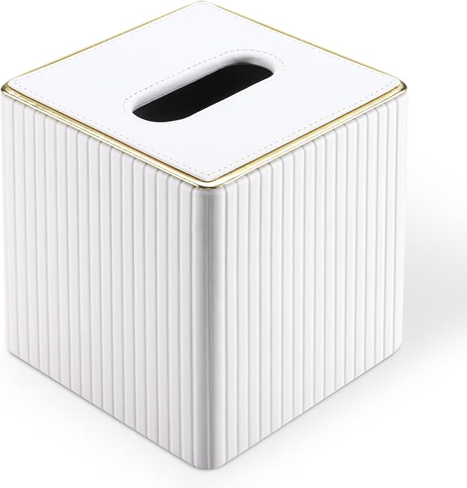 KINGFOM Tissue Box Cover, PU Leather Square Tissue Box Holder for Kleenexs with Magnetic Bottom Cover for Facial Tissues/Napkins, Office & Living Room Decor Box White