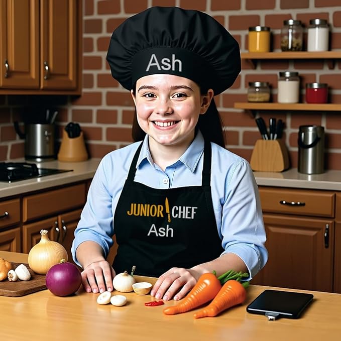 Made in the USA Personalized Embroidered Premium Child Apron and Chef Hat for Kids Girls Boys Fun in the Kitchen Gift (JuniorChef, Regular with hat)