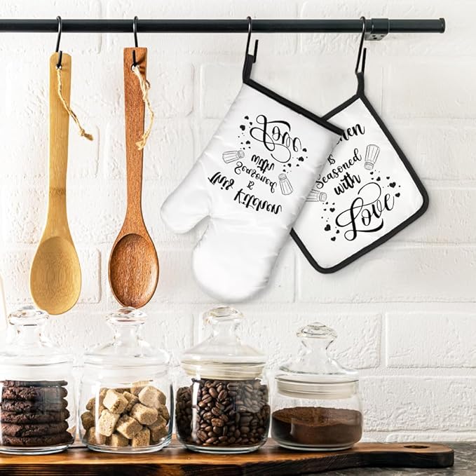 This Kitchen is Seasoned with Love Funny Oven Mitts and Pot Holders Set, Kitchen Baking Grill Microwave Gadgets, Sweet Housewarming Gifts, Birthday Gifts for Women, Men, Hostess, BBF