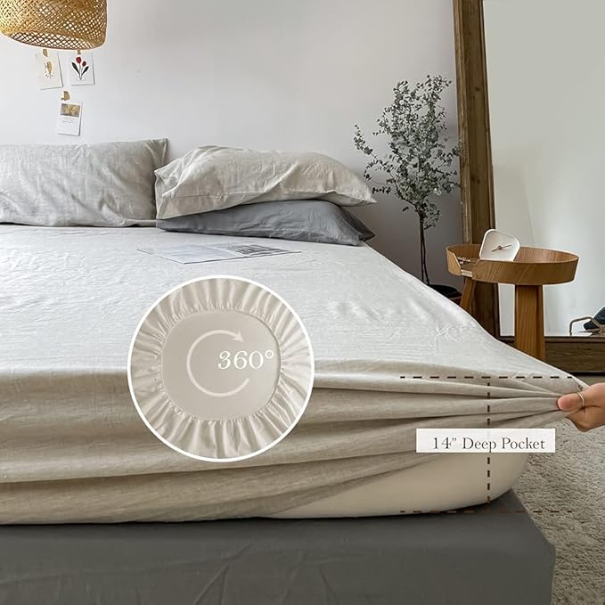 Simple&Opulence Washed Linen Bed Sheet Set Basic Style 4 Pieces (1 Flat Sheet & 1 Fitted Sheet & 2 Pillowcases) 100% Natural French Flax Soft Breathable Farmhouse Bedding (Queen, Linen)