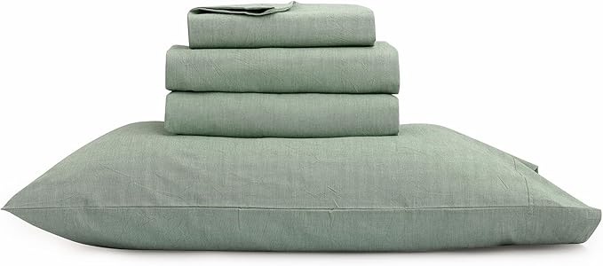 BESTOUCH Sheet Set 100% Washed Cotton Linen Feel Super Soft Comfortable Chic Lightweight 4 Pcs Home Bedding Set Solid Green King
