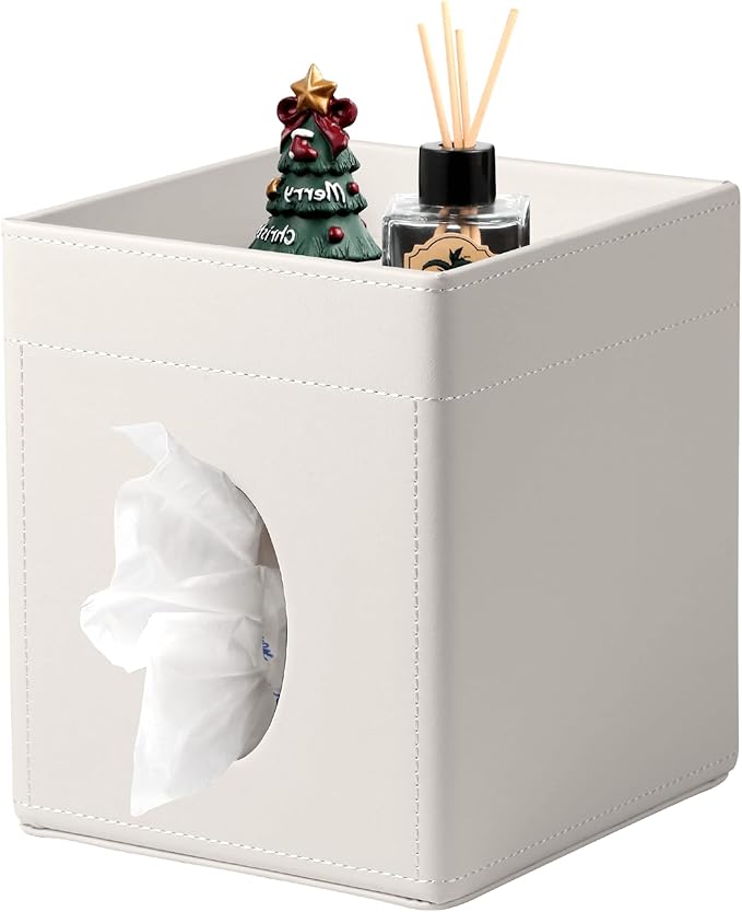 Lorteme Tissue Box Cover, PU Leather Square Tissue Box Holder with Upper Storage Tray for Bathroom/Countertop/Nightstand/Office Table - White