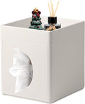 Lorteme Tissue Box Cover, PU Leather Square Tissue Box Holder with Upper Storage Tray for Bathroom/Countertop/Nightstand/Office Table - White