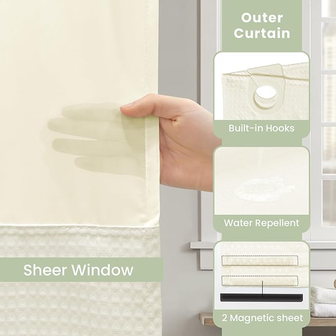 Inhousolu No Hook Shower Curtain with Snap in Fabric Liner Set Waffle Weave 230GSM Weighted Hem, Waterproof & Washable Bathroom Curtain Spa Luxury with Mesh Top Window 72" W x 72" L Ivory