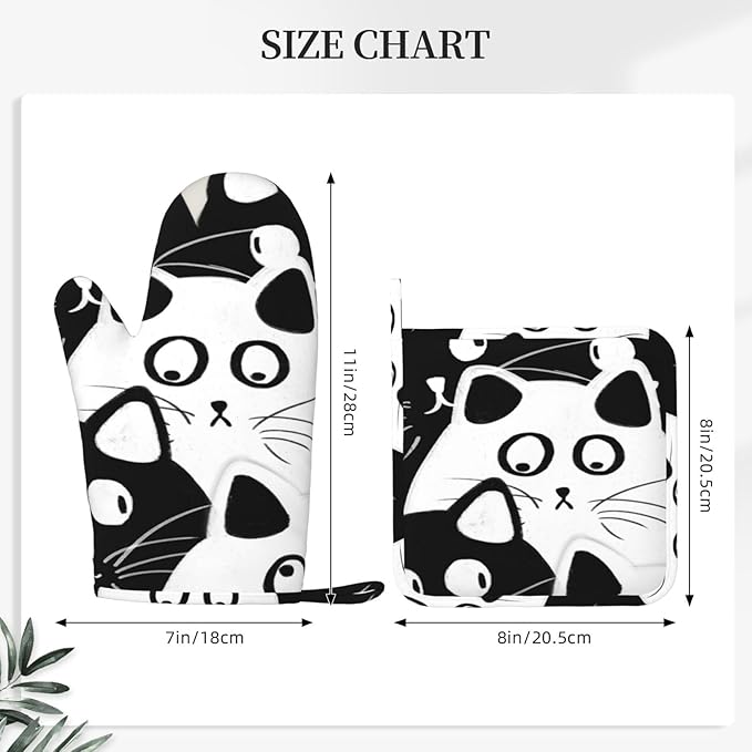 Funny Cat Oven Mitts and Pot Holders Sets, Home Silicone Heat Resistant BBQ Gloves for Kitchen Baking Cooking Grilling Microwave