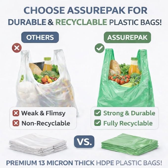 ASSUREPAK Easy Open - 1000 Bags- Colored Unprinted HDPE T-Shirt Bags - 1/6 BBL 11.5"X6"X21"- 13 microns - Green - Perfect for Groceries, Shopping and Retail Stores LOOP-GREEN-EO