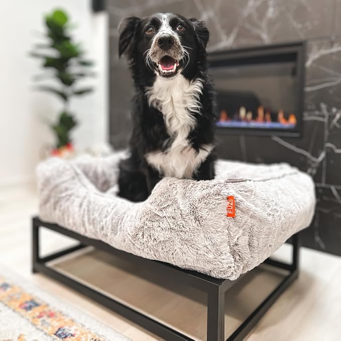 FUZI Elevated Dog Bed Large, Luxury Raised Dog Beds, Removable and Machine Washable Bed Cover, Indoor/Outdoor Orthopedic Pet Bed, Large 35.6x28.5x18 Light Grey & Black Base