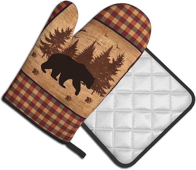 Black Bear Oven Gloves and Pot Holders Forest Cabin Wildlife Kitchen Mitts Hot Pads Farmhouse Red Green Buffalo Plaid Decorative BBQ Essentials and Accessories for Chef Cooking Baking Gifts