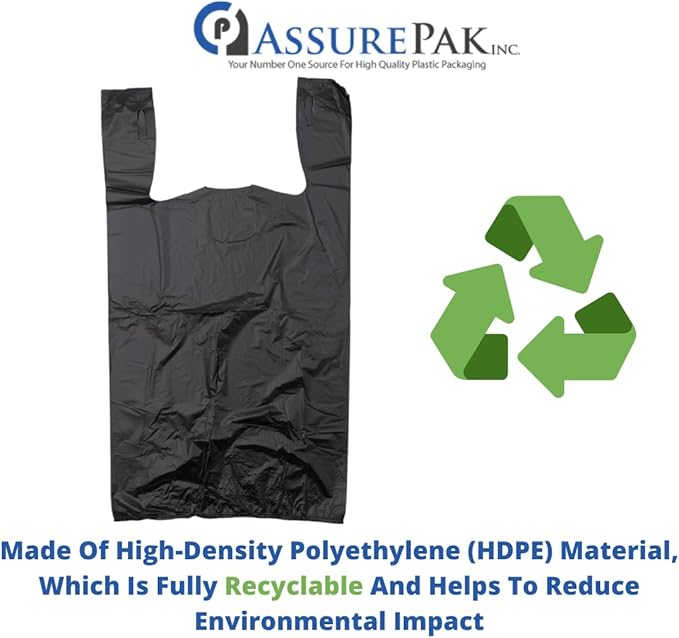 ASSUREPAK Easy Open - Black Unprinted HDPE T-Shirt Bags 11.5"x6"x21" with handles – 500 Units – 17 Microns – Perfect for Grocery Shopping and Store Purchases 20018-EO