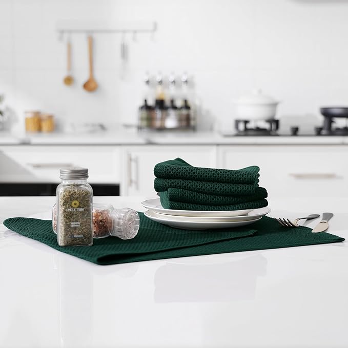 Kitinjoy 100% Cotton Waffle Weave Kitchen Towels, 12-Pack Super Soft and Absorbent Dish Towels for Drying Dishes, Kitchen Hand Towels, 13 in x 28 in, Blackish Green