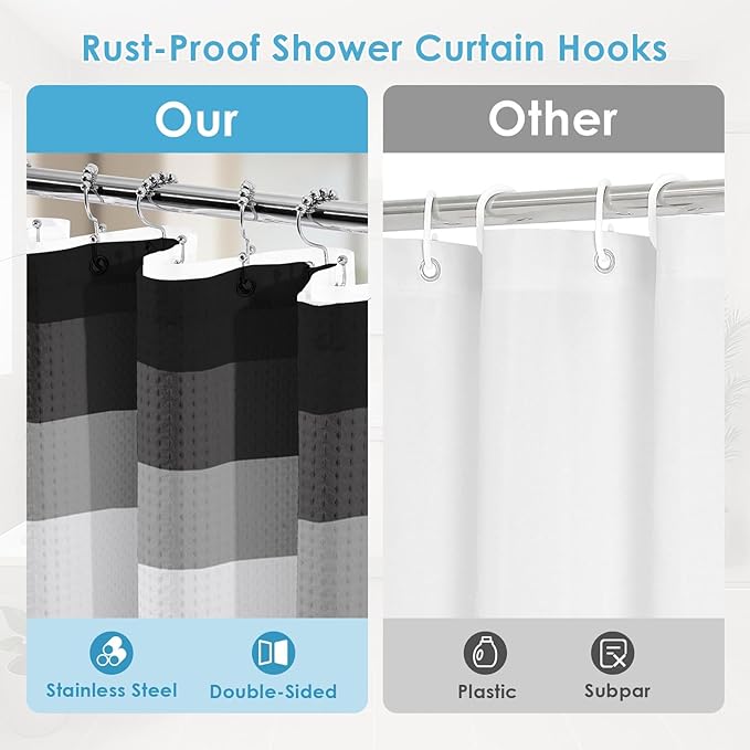 Nesphy Shower Curtain and Liner, Grey and Black White Striped 3 in 1 Shower Curtain and PEVA Liner Set with 12 Rust-Resistant Metal Hooks, Waterproof Fabric Shower Curtains for Bathroom, 72 W x 72 H