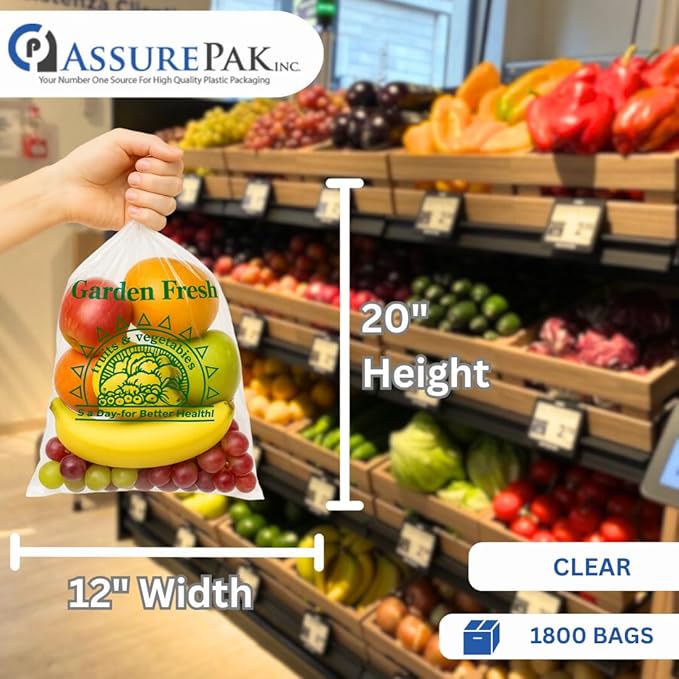 ASSUREPAK Clear Produce Bags Roll -1800 Bags - 12"x20" – HDPE - (11 Microns) – Plastic for Grocery, Reusable Produce, Small Business, Plastic Bag, Food Bag, Storage Use, Natural Color