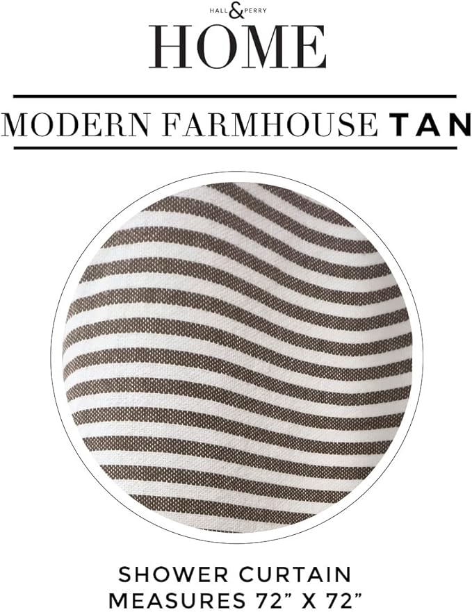 HALL & PERRY Modern Farmhouse Tassel Shower Curtain 100% Cotton Striped Fabric Shower Curtain with Tassels for Bathroom Décor (Tan, 72"x84")