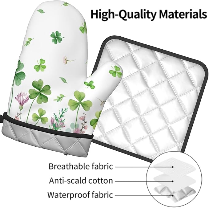 Shamrock Green Oven Mitts and Pot Holders 2Pcs, Spring Green Leaf Daisy Floral Chef Cooking Baking Gifts Oven Gloves Hot Pads Farmhouse Kitchen Accessories for BBQ Cooking Baking